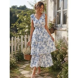 J GEE  Blue & White Floral Tiered Maxi Dress Womens S Ruffles Cottage Fairy Boho